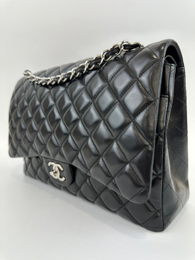 Maxi Classic Double Flap in Black Lambskin SHW