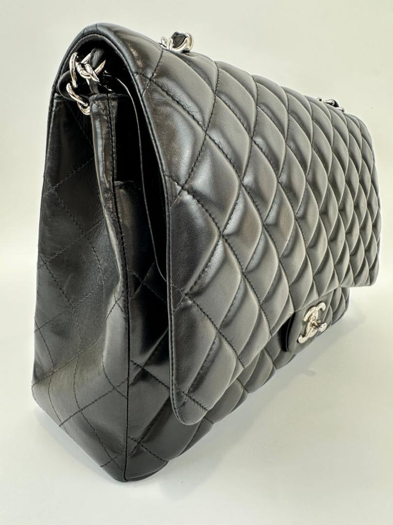 Maxi Classic Double Flap in Black Lambskin SHW