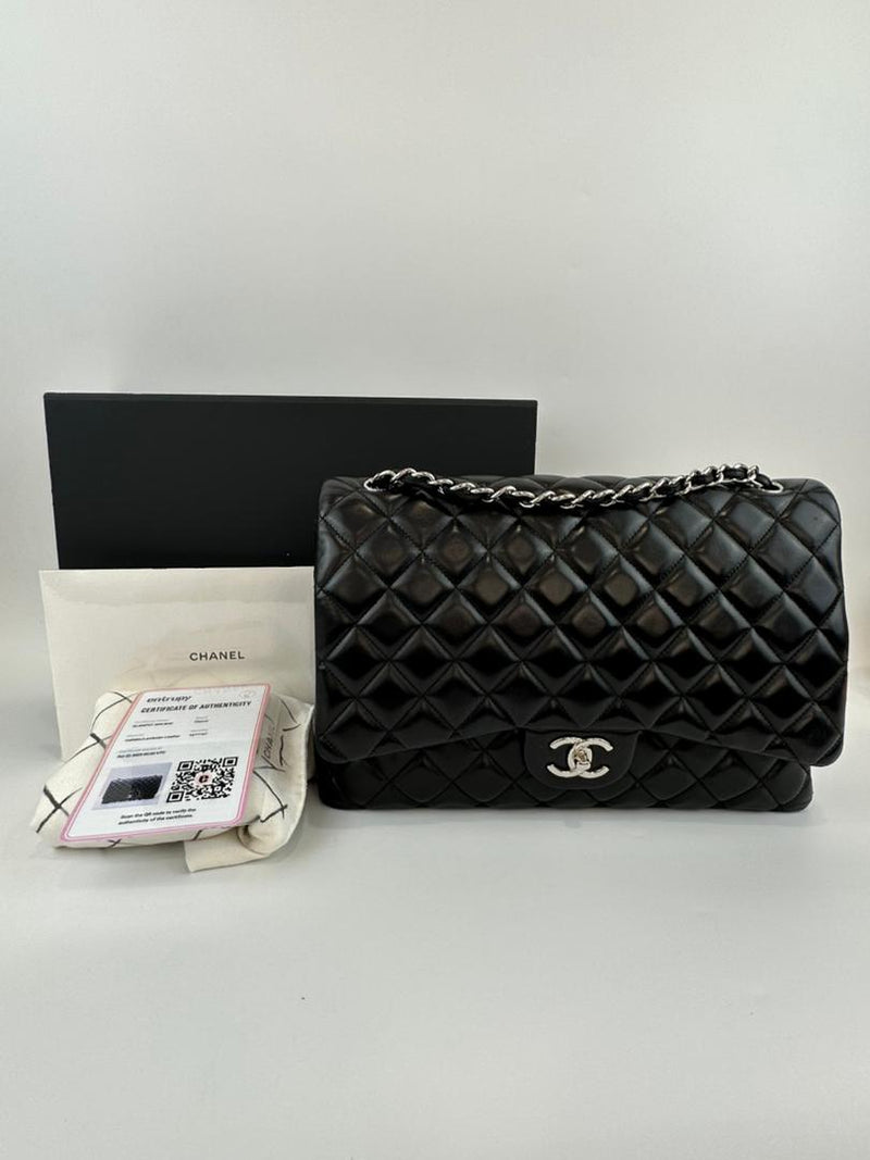 Maxi Classic Double Flap in Black Lambskin SHW