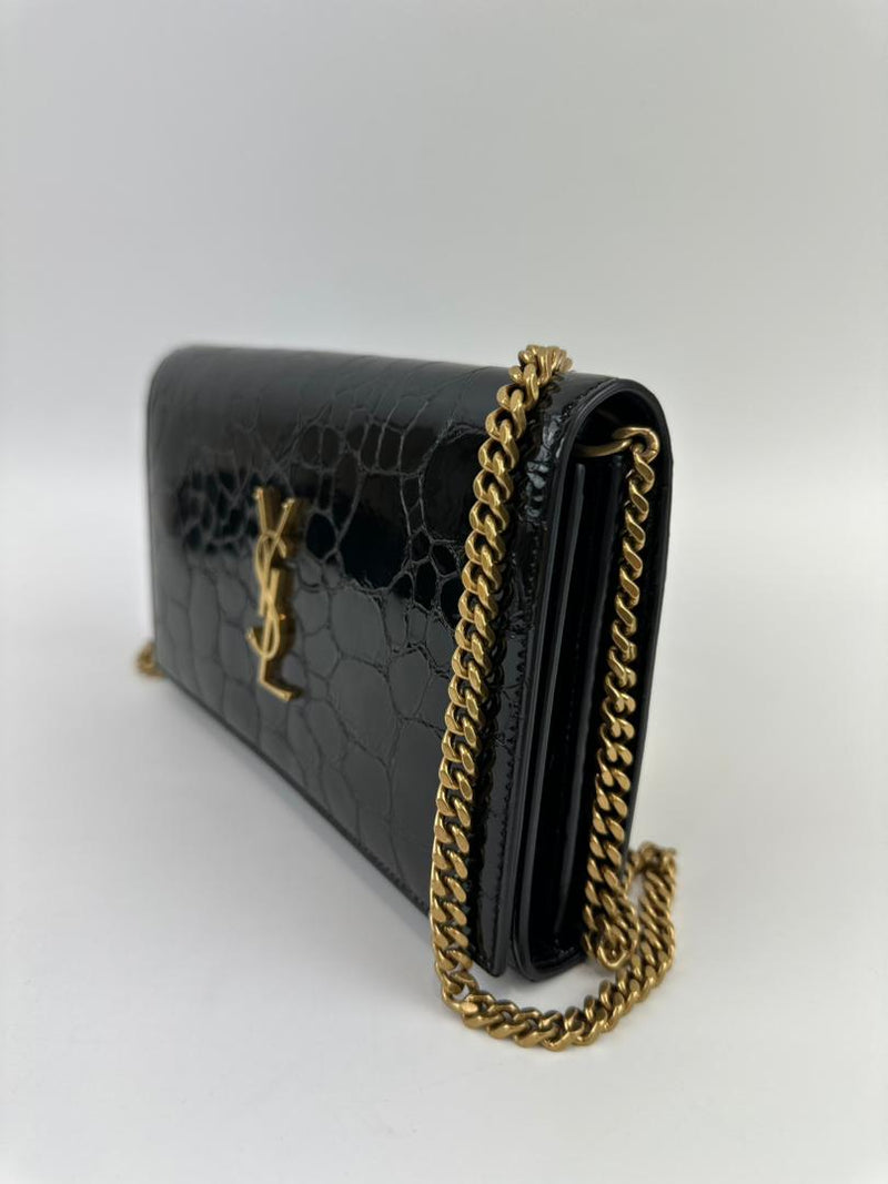 Medium Kate WOC in Black Patent Crocodile Embossed GHW