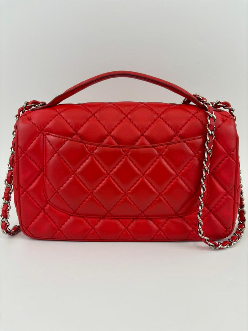Easy Carry Quilted Coral Red Lambskin Leather Medium Classic Flap Bag