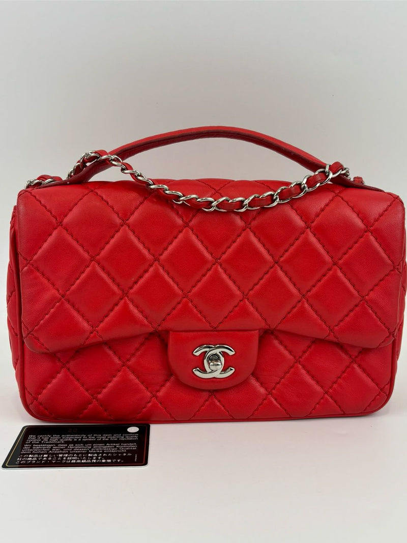 Easy Carry Quilted Coral Red Lambskin Leather Medium Classic Flap Bag
