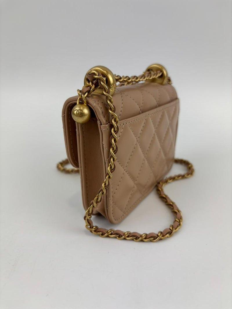 Perfect Fit Beige Coin Purse With Chain GHW