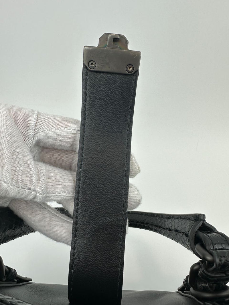 Medium Roma Black Intrecciato Woven Nappa Leather / Snakeskin Top Handle Bag