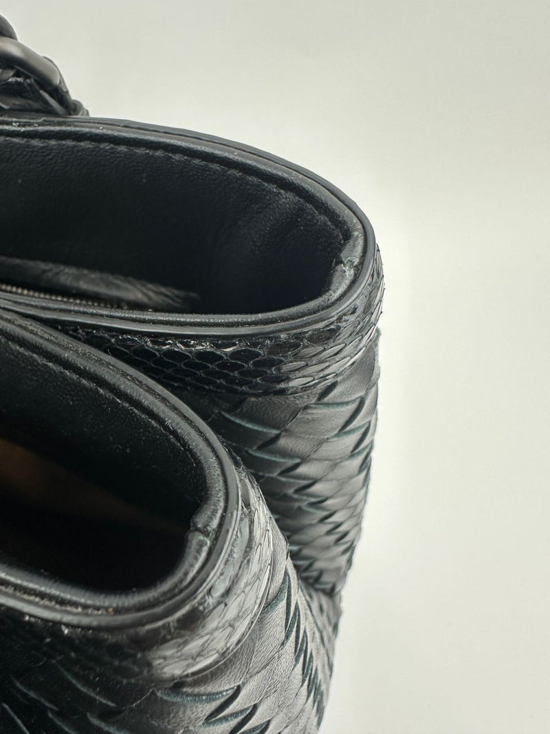 Medium Roma Black Intrecciato Woven Nappa Leather / Snakeskin Top Handle Bag