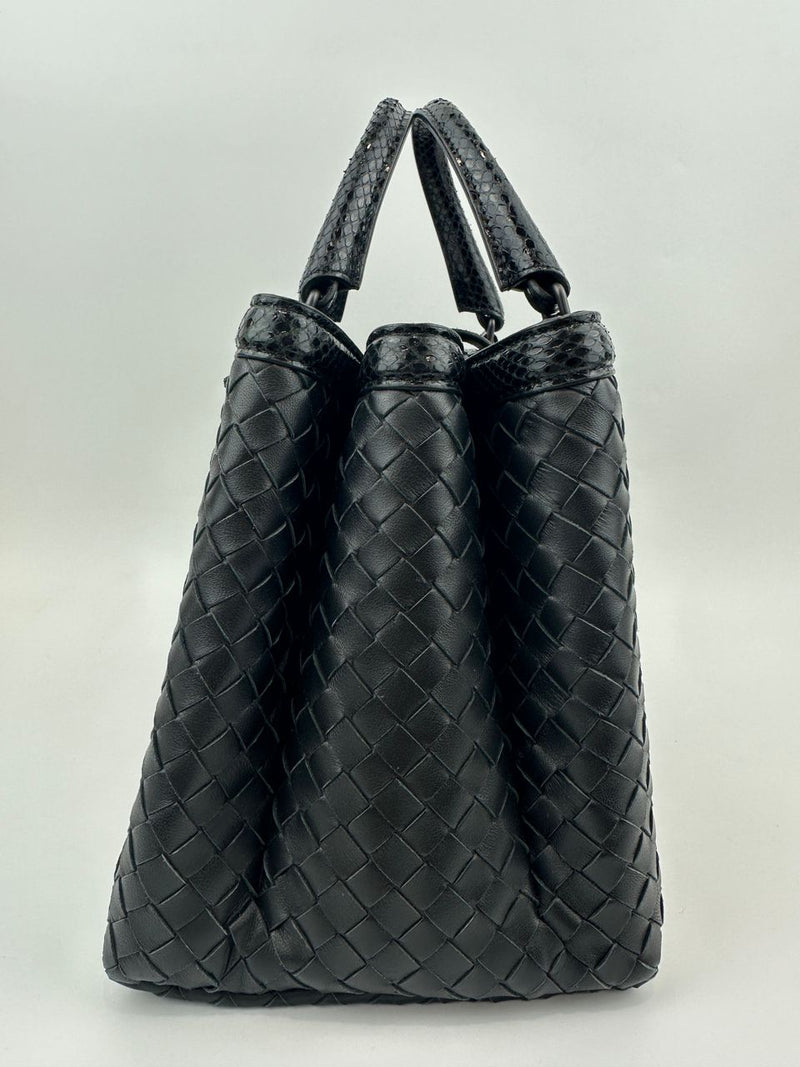 Medium Roma Black Intrecciato Woven Nappa Leather / Snakeskin Top Handle Bag