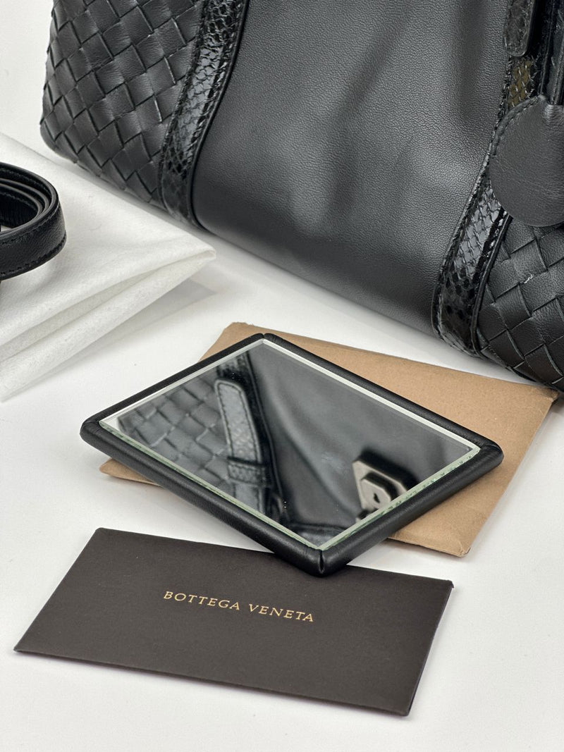 Medium Roma Black Intrecciato Woven Nappa Leather / Snakeskin Top Handle Bag