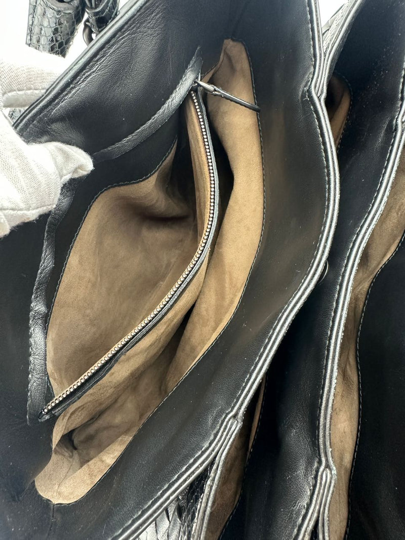 Medium Roma Black Intrecciato Woven Nappa Leather / Snakeskin Top Handle Bag