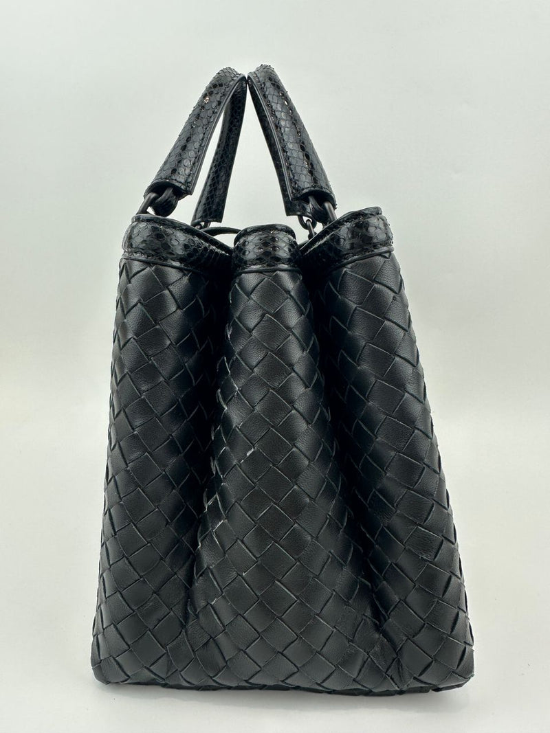 Medium Roma Black Intrecciato Woven Nappa Leather / Snakeskin Top Handle Bag