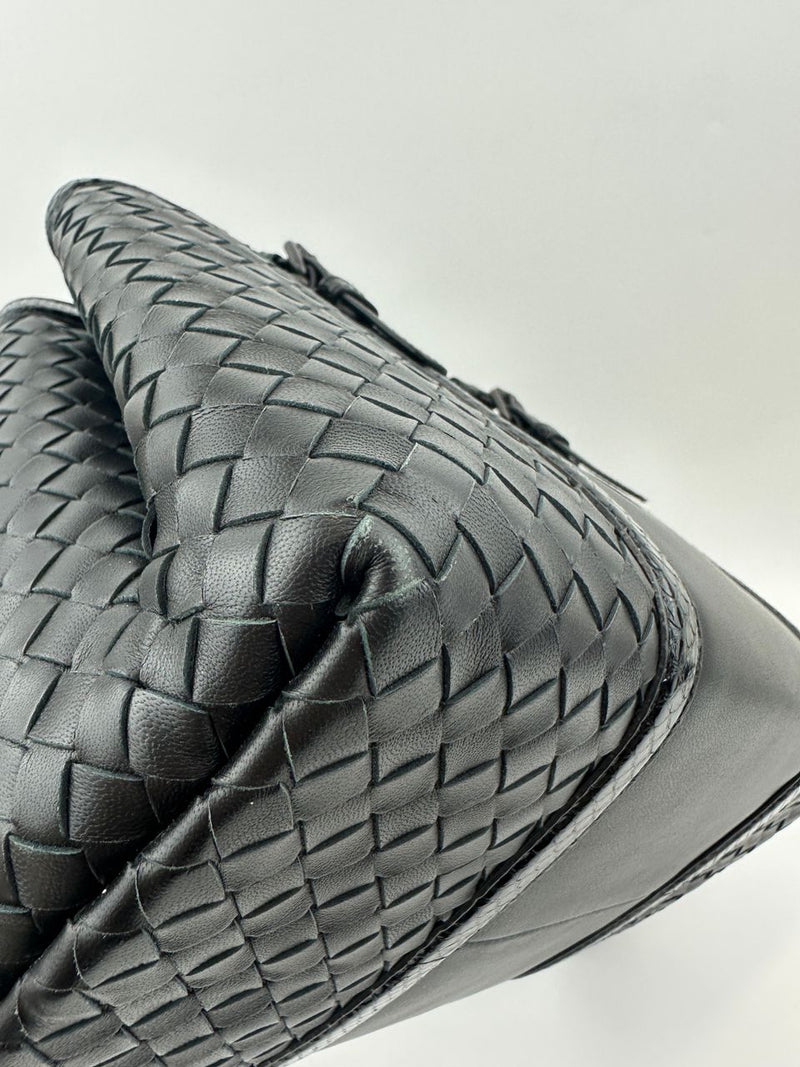 Medium Roma Black Intrecciato Woven Nappa Leather / Snakeskin Top Handle Bag