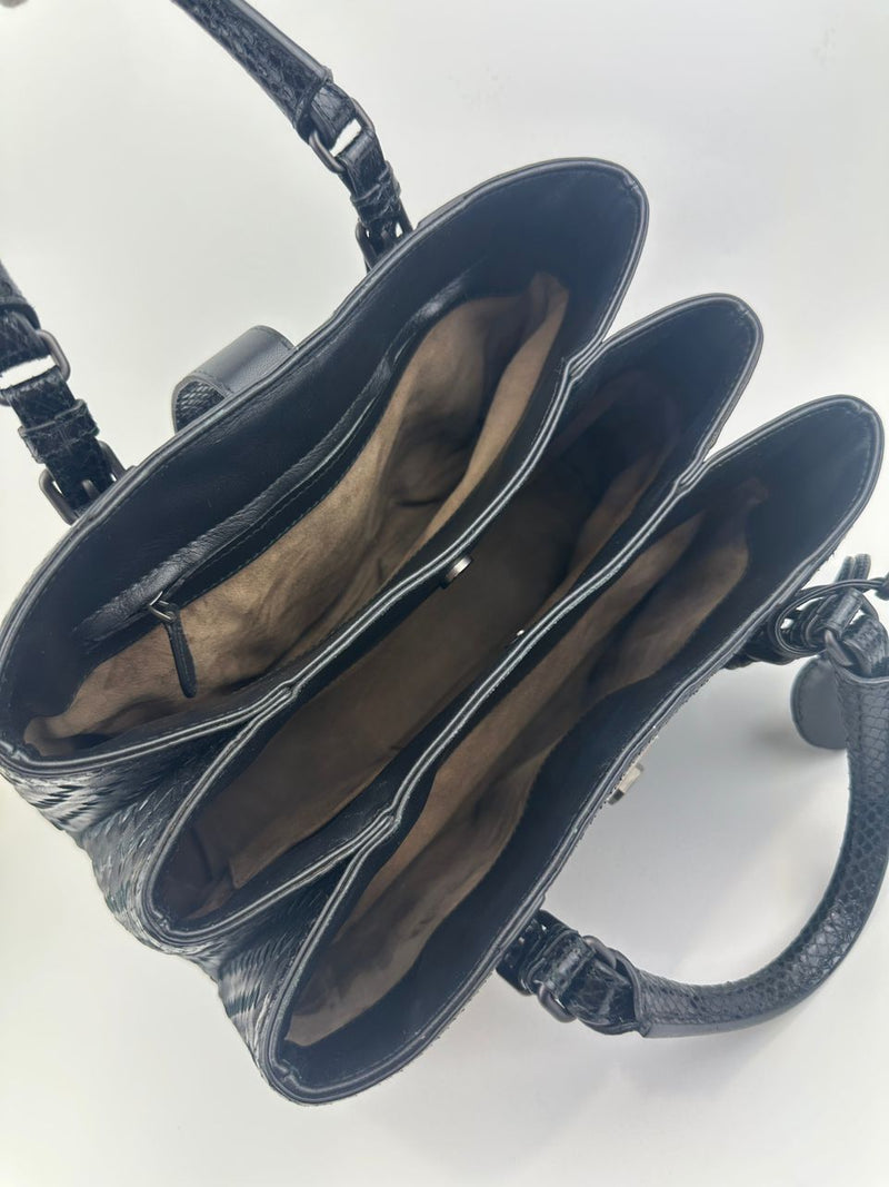 Medium Roma Black Intrecciato Woven Nappa Leather / Snakeskin Top Handle Bag