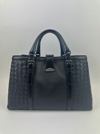 Medium Roma Black Intrecciato Woven Nappa Leather / Snakeskin Top Handle Bag