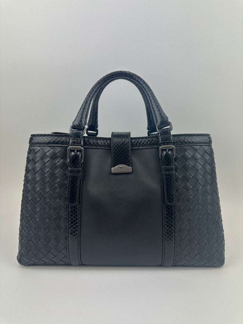 Medium Roma Black Intrecciato Woven Nappa Leather / Snakeskin Top Handle Bag