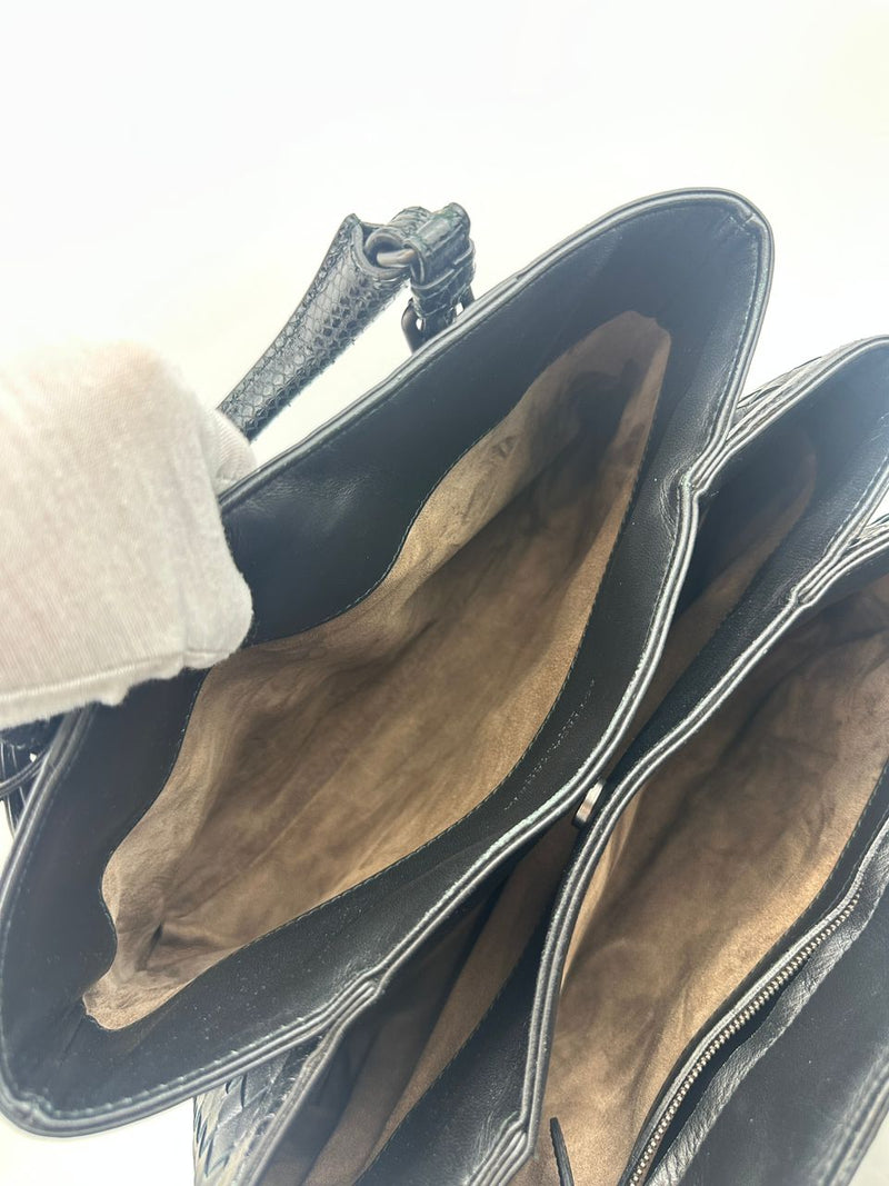 Medium Roma Black Intrecciato Woven Nappa Leather / Snakeskin Top Handle Bag