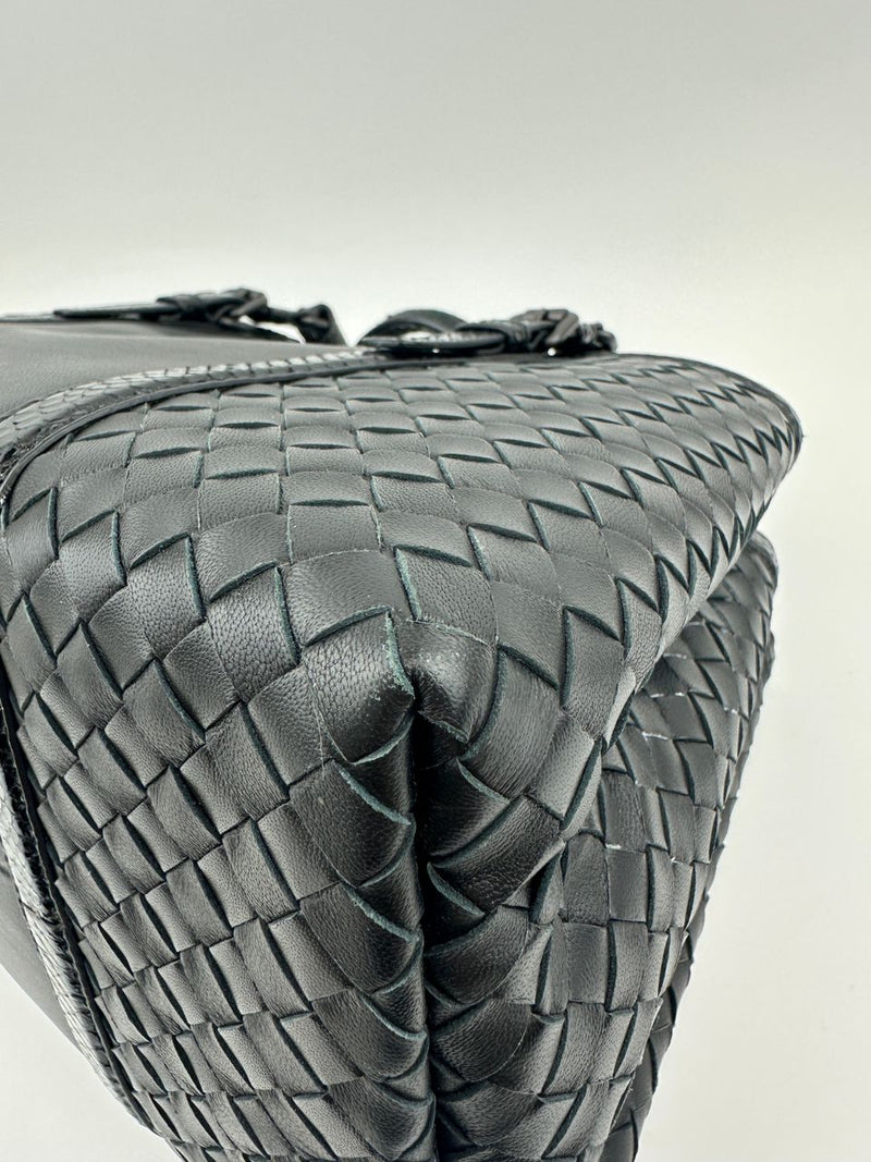 Medium Roma Black Intrecciato Woven Nappa Leather / Snakeskin Top Handle Bag