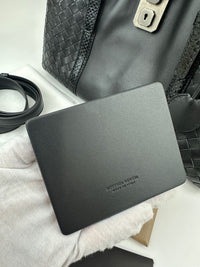 Medium Roma Black Intrecciato Woven Nappa Leather / Snakeskin Top Handle Bag