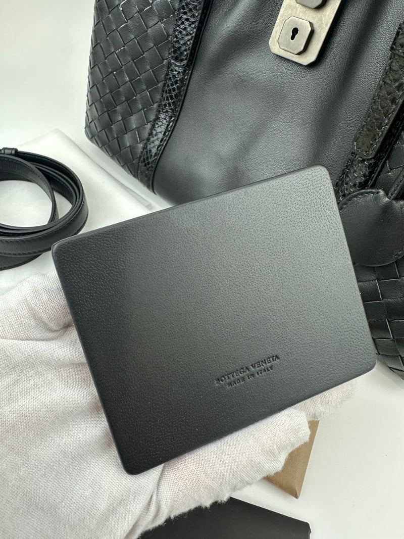 Medium Roma Black Intrecciato Woven Nappa Leather / Snakeskin Top Handle Bag