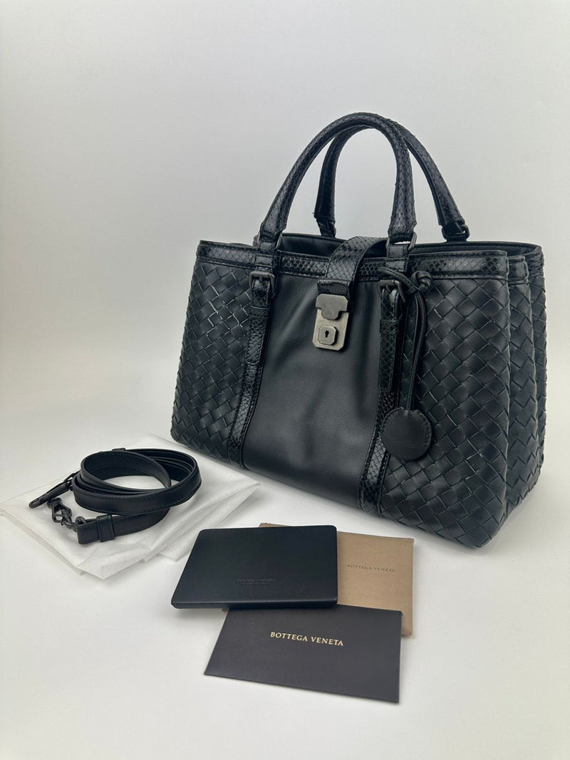 Medium Roma Black Intrecciato Woven Nappa Leather / Snakeskin Top Handle Bag