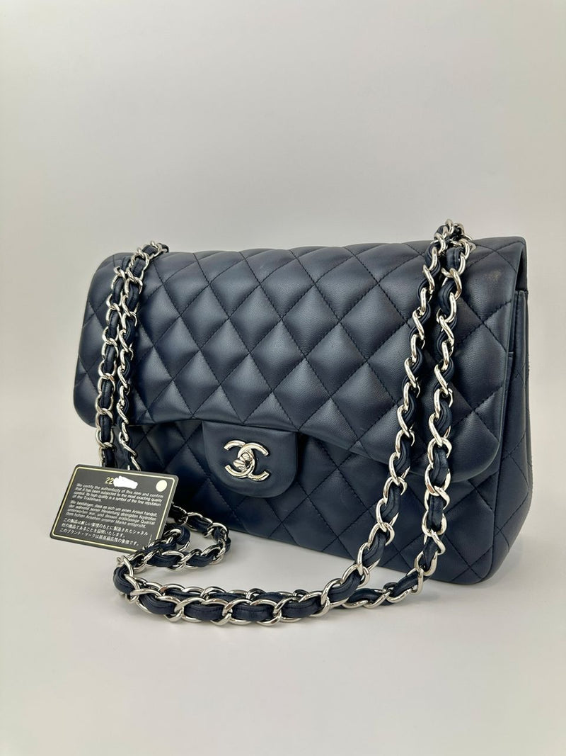 Classic Lambskin Navy Blue Jumbo Double Flap SHW