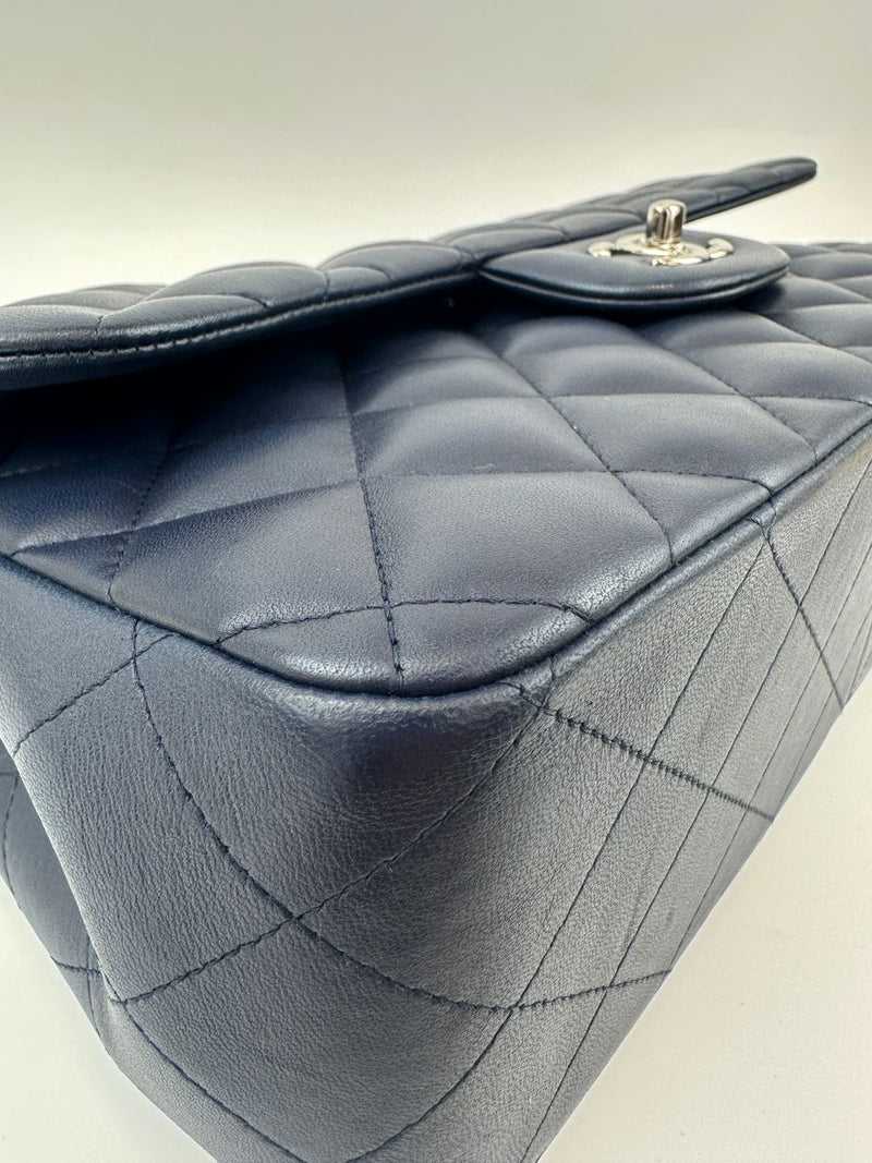 Classic Lambskin Navy Blue Jumbo Double Flap SHW