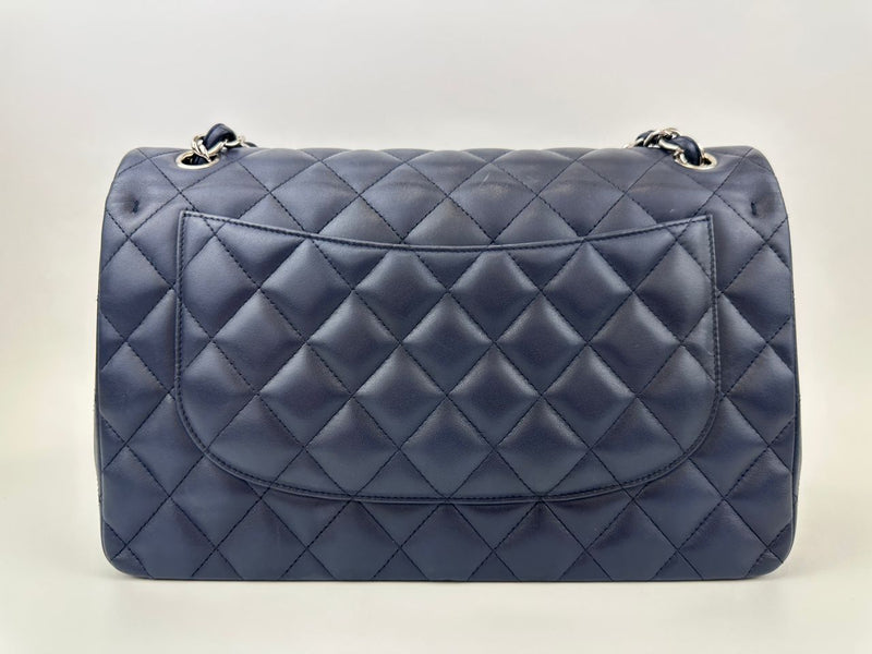Classic Lambskin Navy Blue Jumbo Double Flap SHW