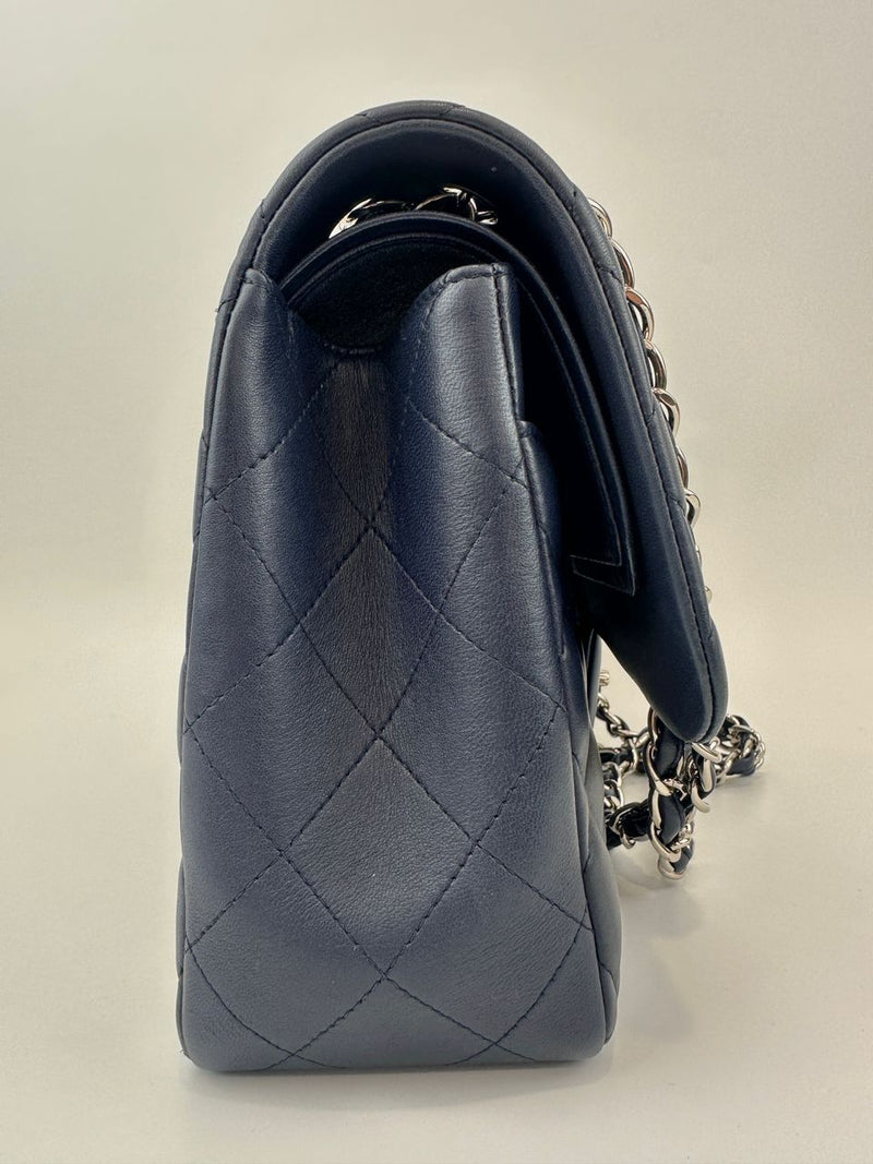 Classic Lambskin Navy Blue Jumbo Double Flap SHW