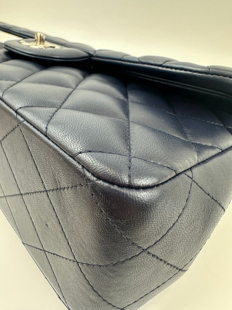 Classic Lambskin Navy Blue Jumbo Double Flap SHW