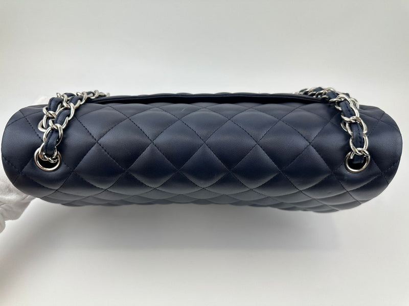 Classic Lambskin Navy Blue Jumbo Double Flap SHW