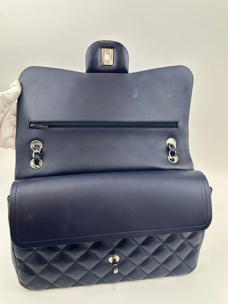 Classic Lambskin Navy Blue Jumbo Double Flap SHW