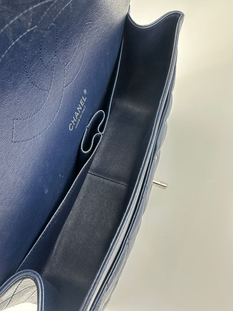 Classic Lambskin Navy Blue Jumbo Double Flap SHW
