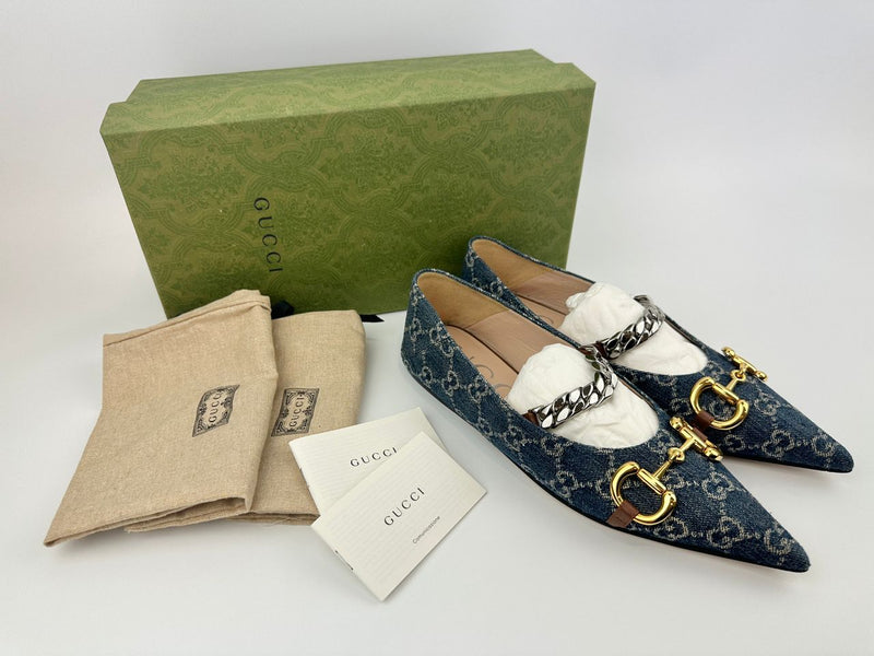 GG Denim Horsebit Blue Ballet Flats Size 38.5
