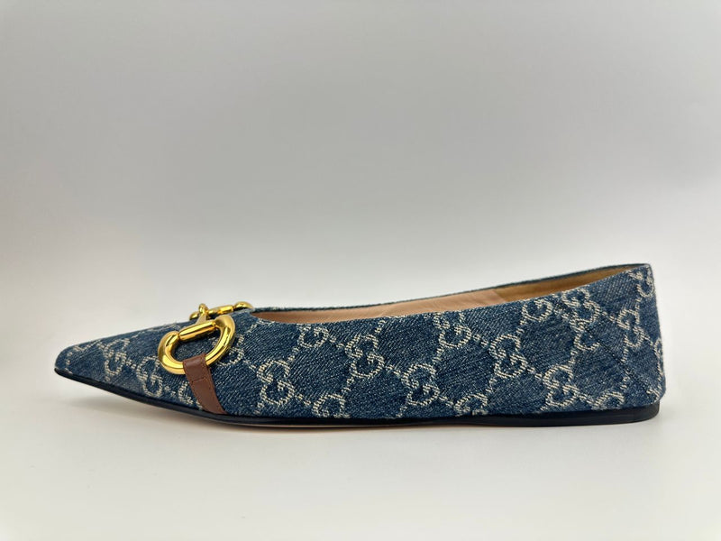 GG Denim Horsebit Blue Ballet Flats Size 38.5