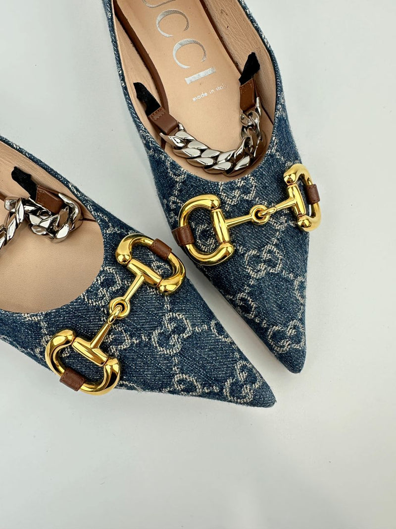 GG Denim Horsebit Blue Ballet Flats Size 38.5