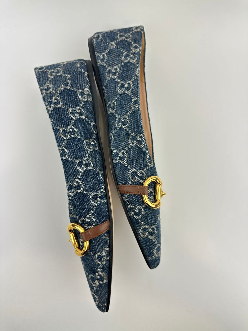 GG Denim Horsebit Blue Ballet Flats Size 38.5