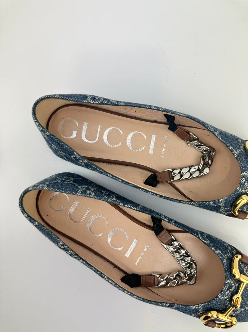GG Denim Horsebit Blue Ballet Flats Size 38.5