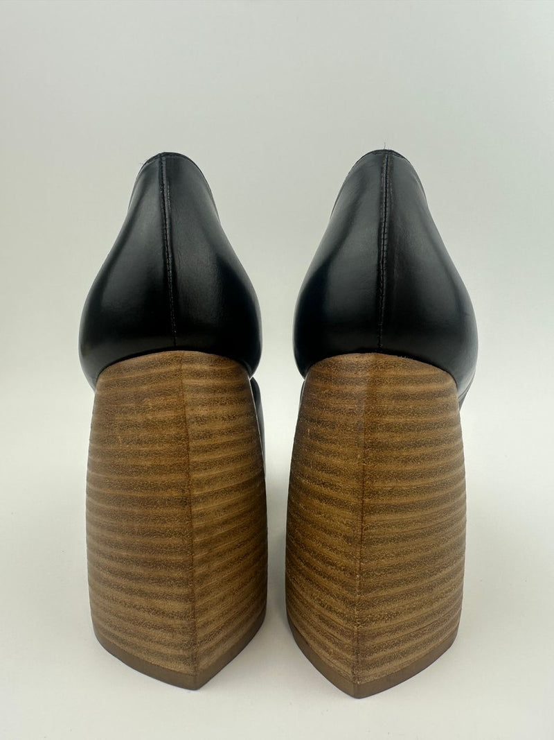 Toy Wood Heel Black Leather Pumps Size 38