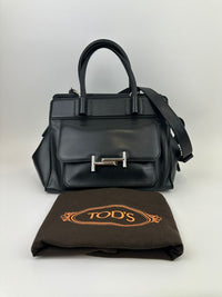 Medium Back Double T Grained Black Leather Satchel Bag
