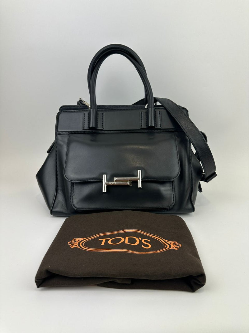 Medium Back Double T Grained Black Leather Satchel Bag