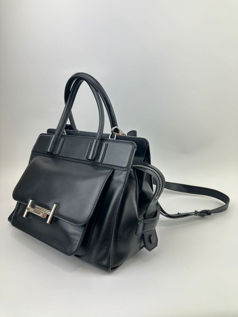 Medium Back Double T Grained Black Leather Satchel Bag