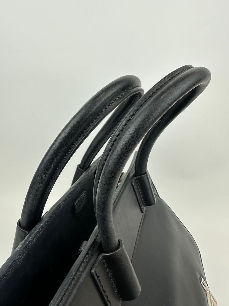 Medium Back Double T Grained Black Leather Satchel Bag