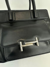 Medium Back Double T Grained Black Leather Satchel Bag