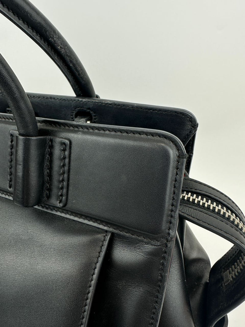 Medium Back Double T Grained Black Leather Satchel Bag