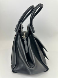 Medium Back Double T Grained Black Leather Satchel Bag