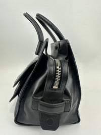 Medium Back Double T Grained Black Leather Satchel Bag