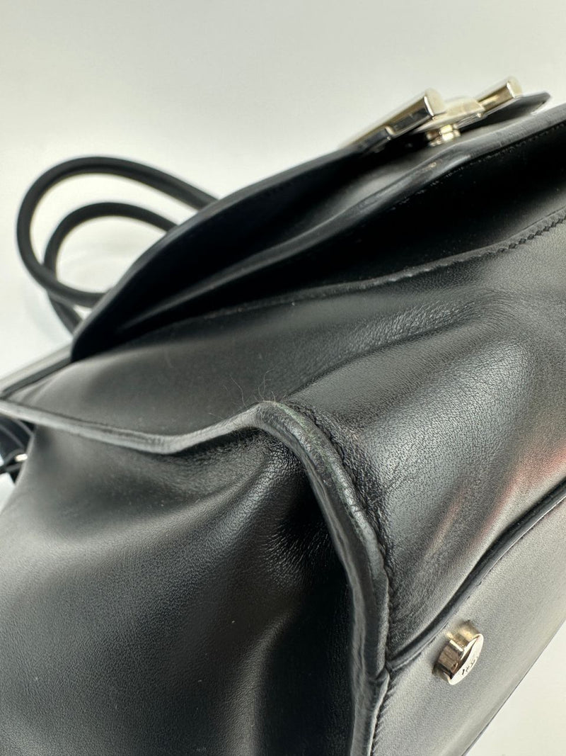 Medium Back Double T Grained Black Leather Satchel Bag