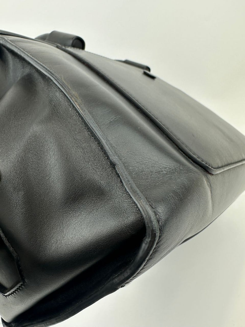 Medium Back Double T Grained Black Leather Satchel Bag