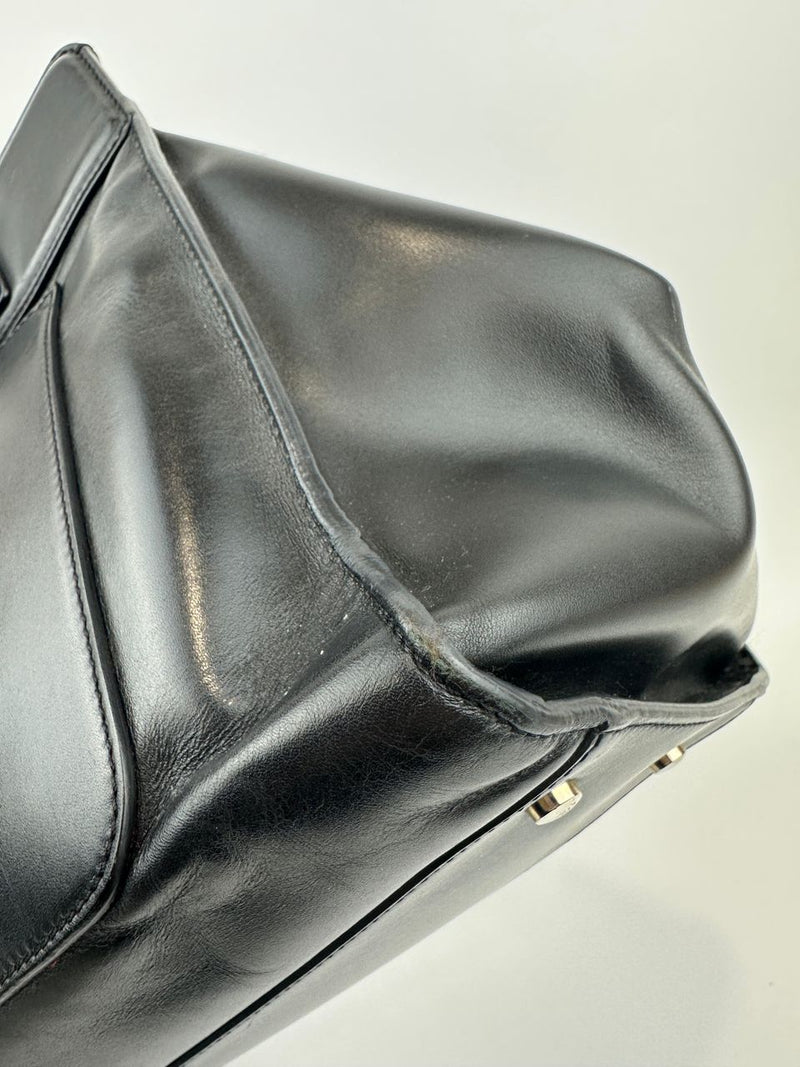 Medium Back Double T Grained Black Leather Satchel Bag