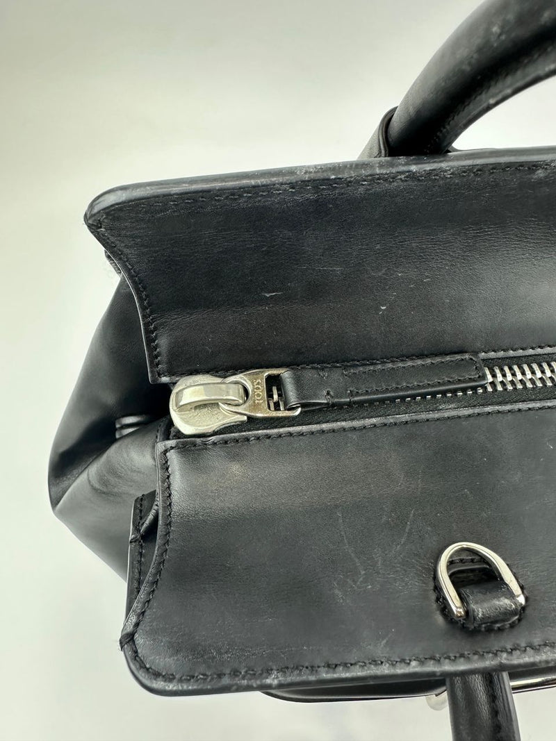 Medium Back Double T Grained Black Leather Satchel Bag