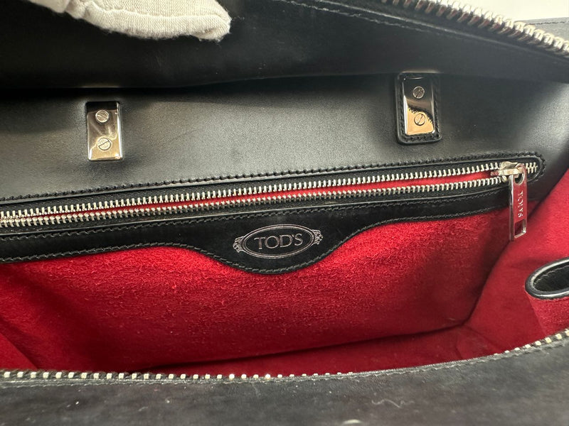 Medium Back Double T Grained Black Leather Satchel Bag