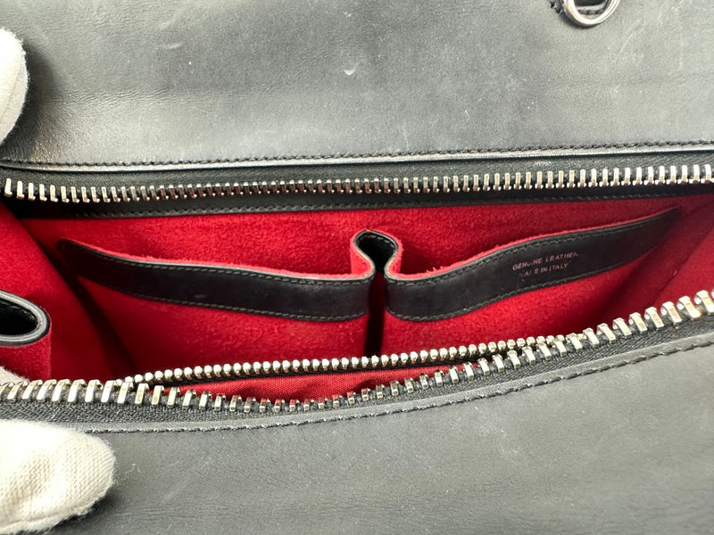 Medium Back Double T Grained Black Leather Satchel Bag